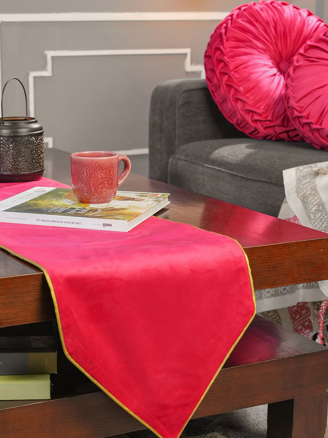 MASPAR Pink & Gold Toned 4 Seater Table Runner With Cushions