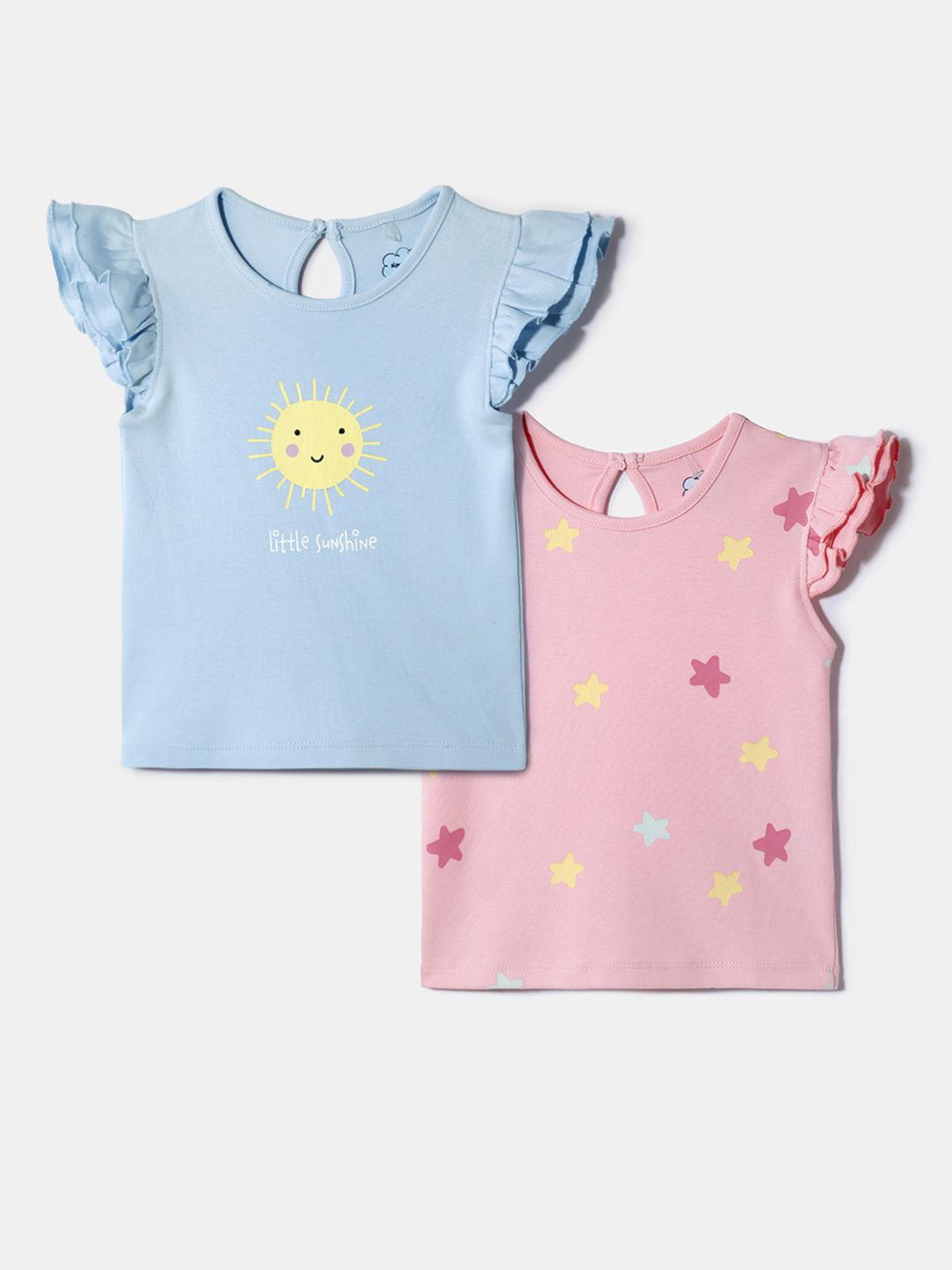 Nauti Nati Girls Pack of 2 Pure Cotton Pink and Blue Printed Tops
