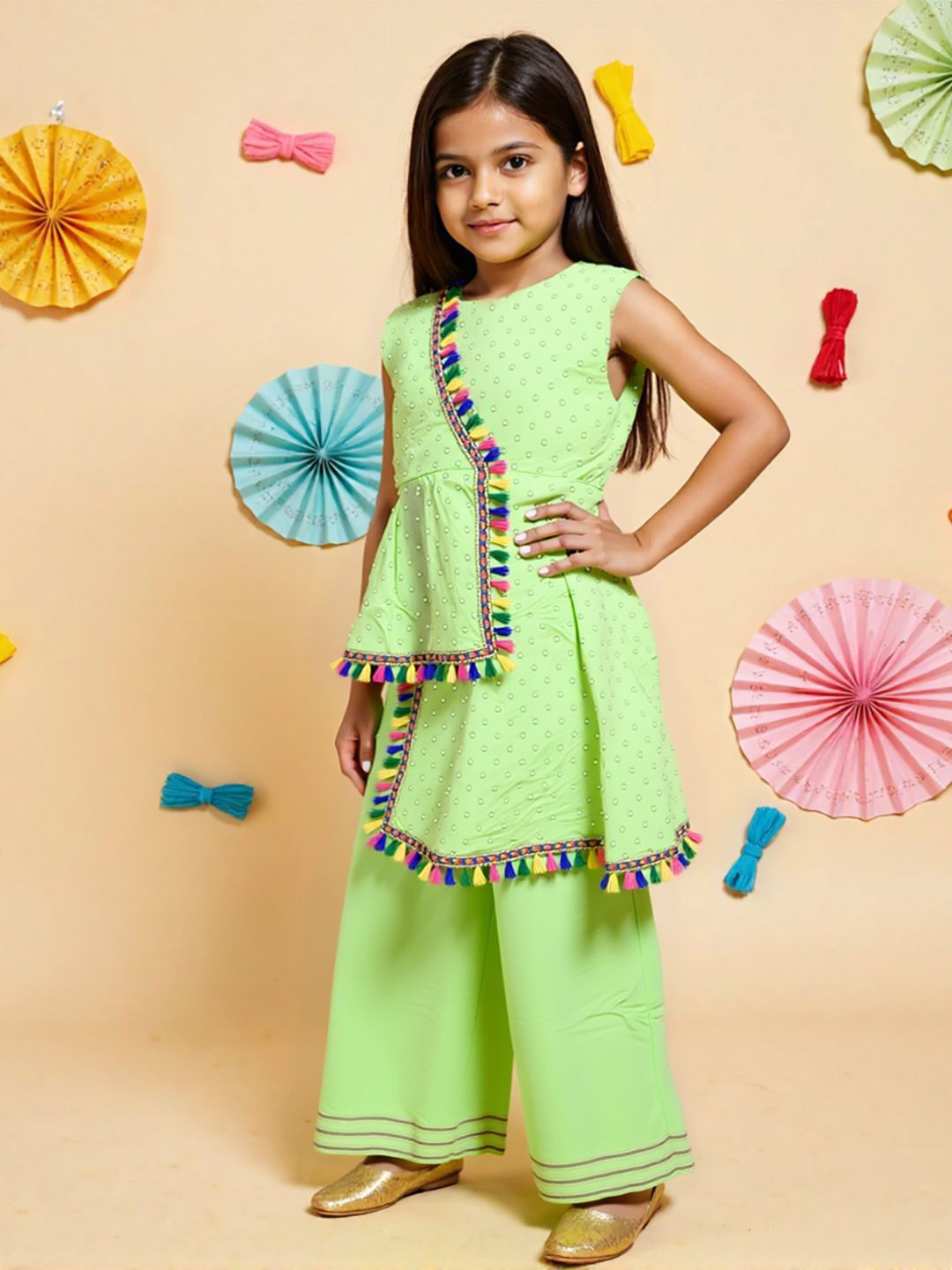 Nauti Nati Girls Green Geometric Printed Pure Cotton A-Line Kurta with Palazzo Set