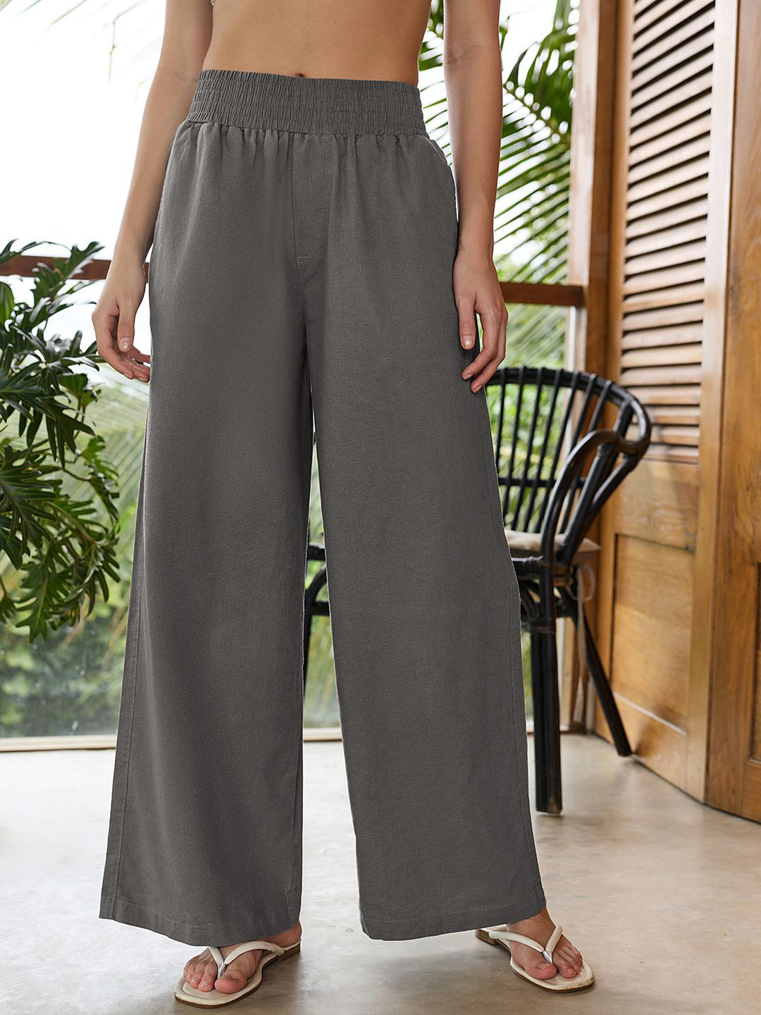 Bewakoof Women Grey Flared Cotton Linen Pants