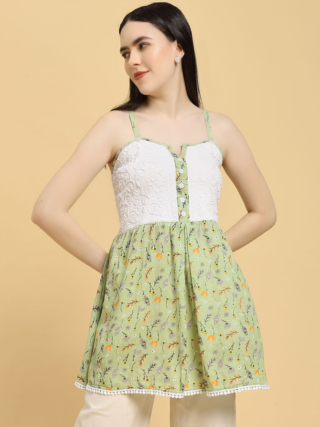 Fashionable Chikan Handikraft Women Ethnic Motifs Embroidered Cotton Peplum Top