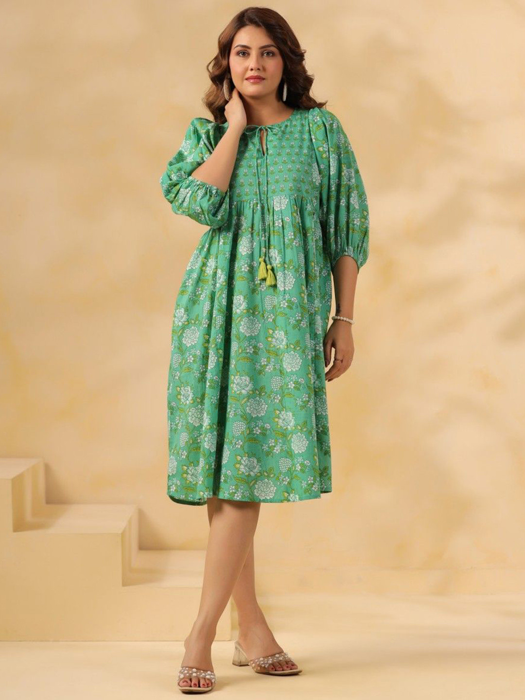 Zenava by Myntra Women Tie-Up Neck Floral Print Puff Sleeve Fit & Flare Dress