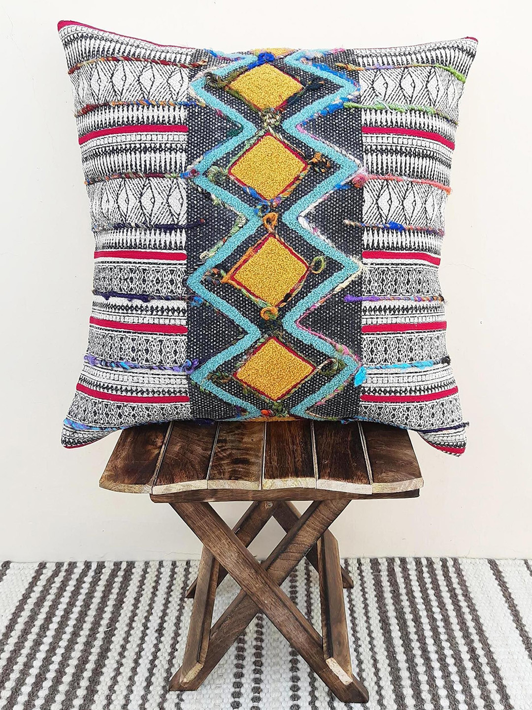 Indihomecraft Grey & Blue 1 Piece Cotton Abstract Printed Square Cushion Cover