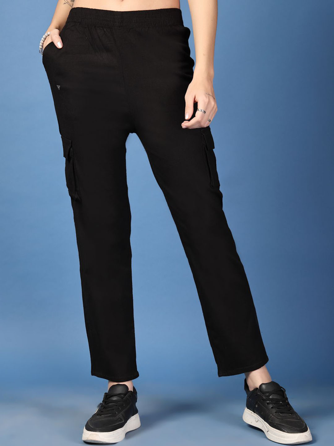 KATLINE Women Smart Regular Fit Mid-Rise Cotton Cargo Trousers