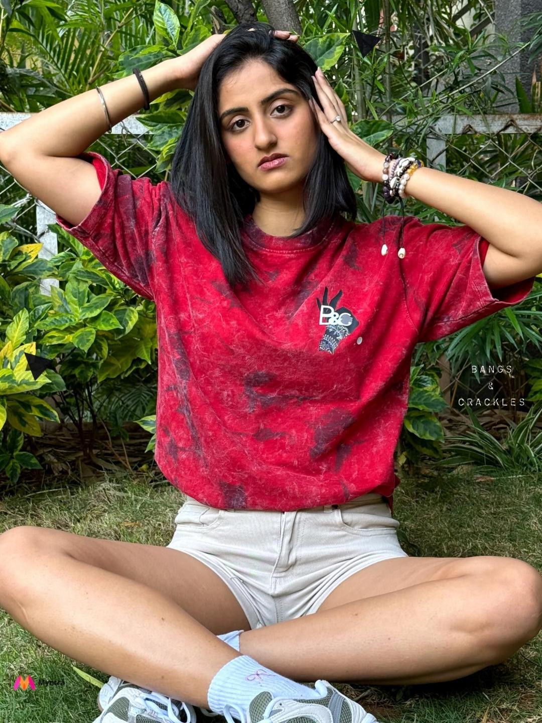 BANGS AND CRACKLES Women Abstract Self Design Round Neck Cotton Oversized T-shirt