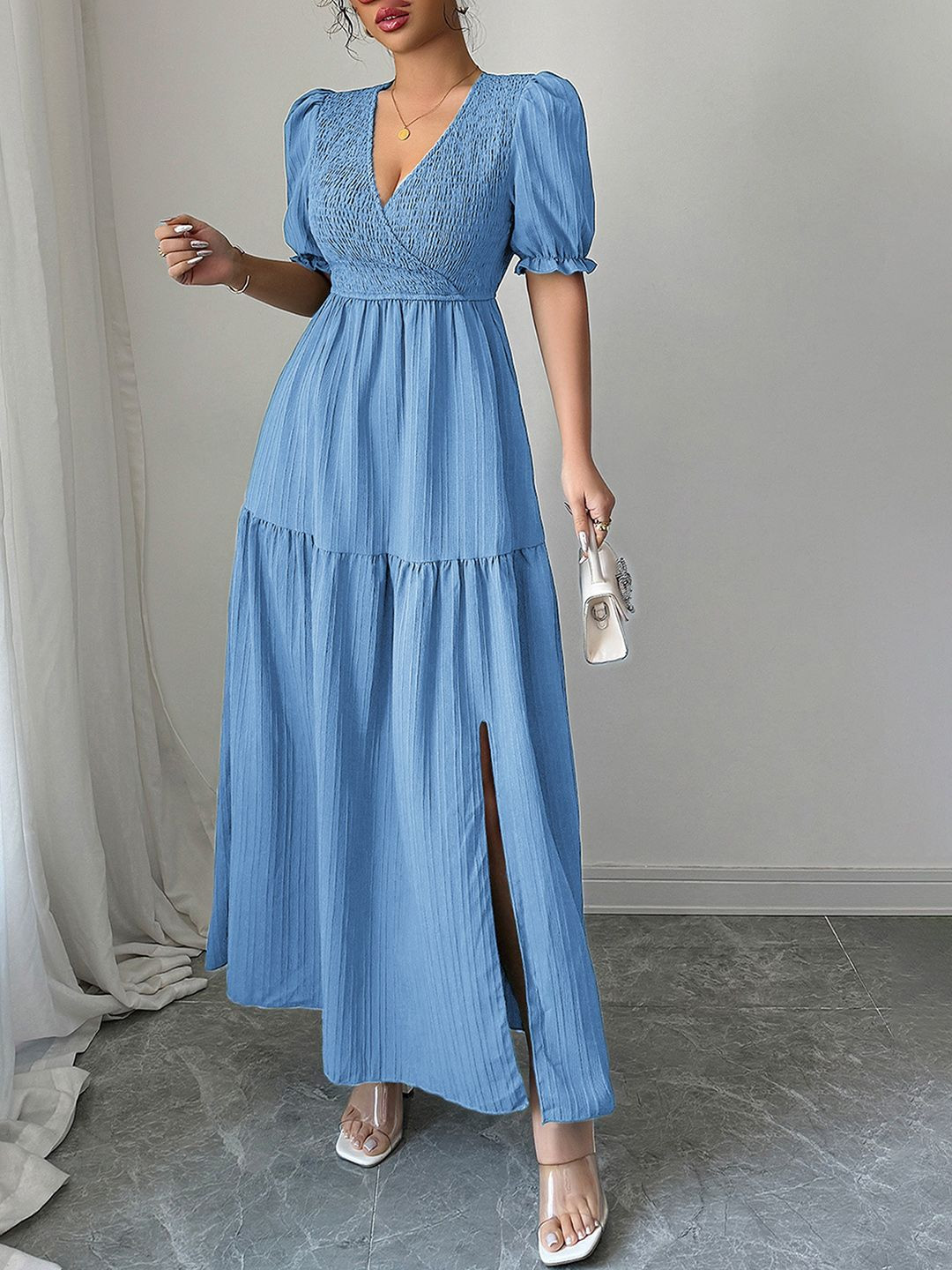 JC Mode Women Self Design V Neck Slit Puff Sleeve Maxi Dress