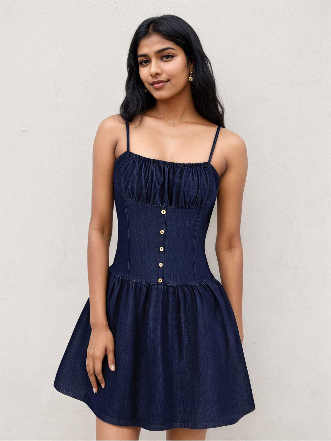 StyleCast x Revolte Shoulder Straps Ruched Denim Fit & Flare Dress