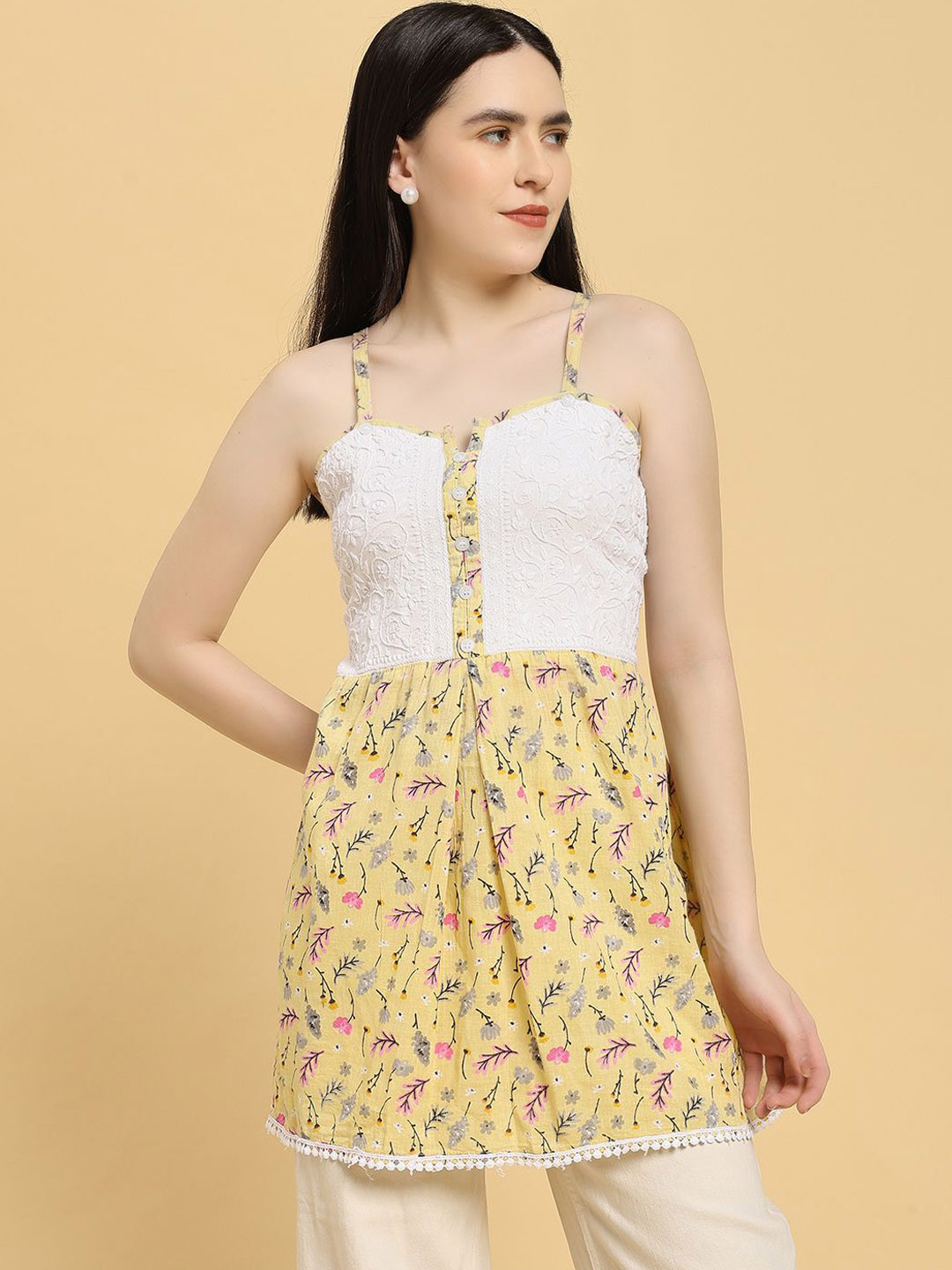 Fashionable Chikan Handikraft Women Shoulder Straps Embroidered Cotton Peplum Top