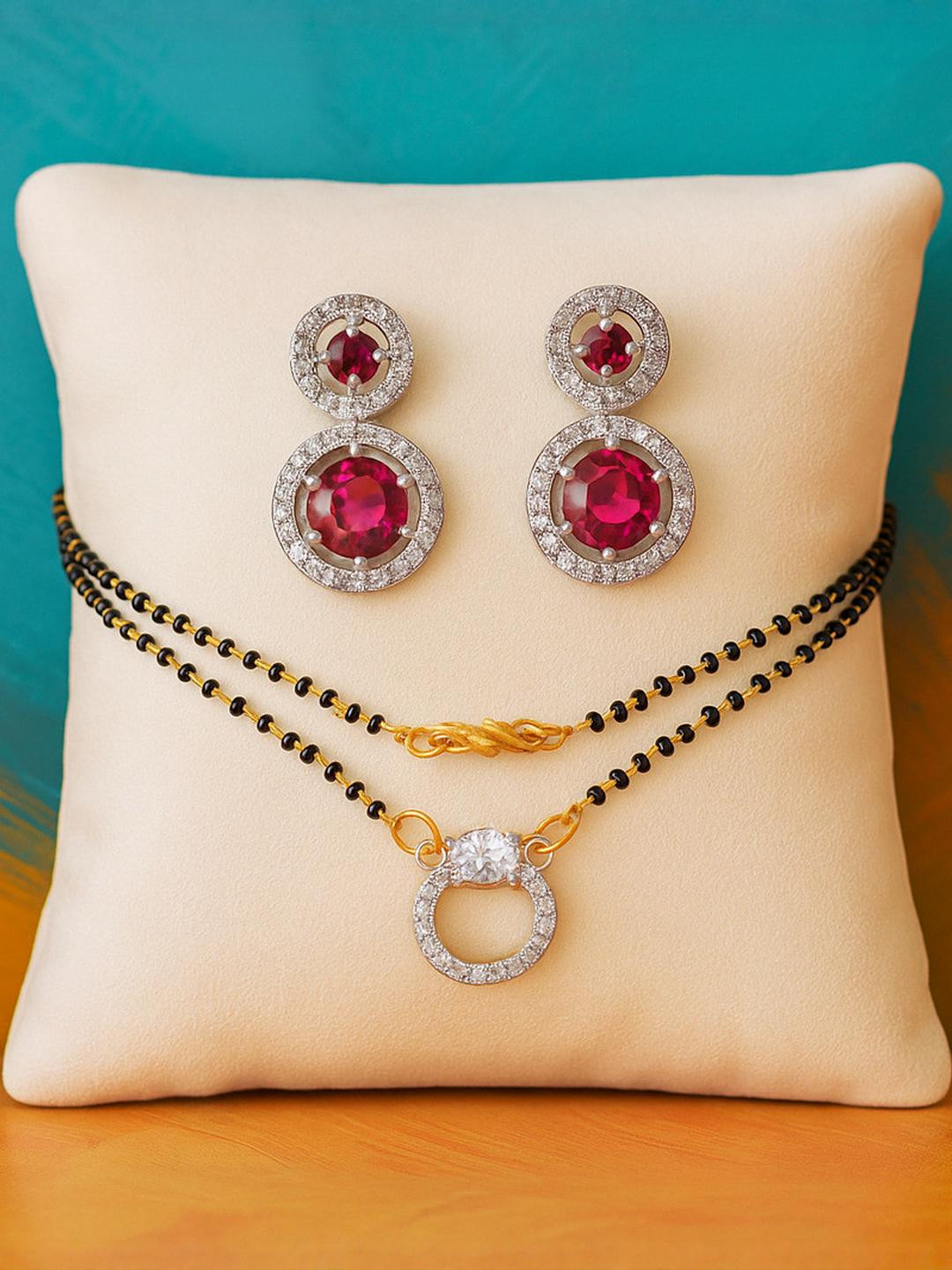 CHARMS Gold-Toned & Black Mangalsutra with Red & White Stone Studded Earrings