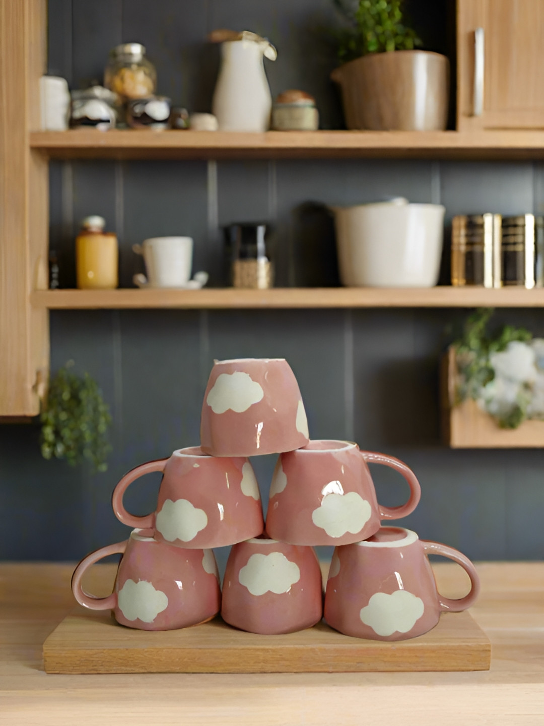 Bon Homey Pink & White 6 Pieces Printed Ceramic Glossy Cups