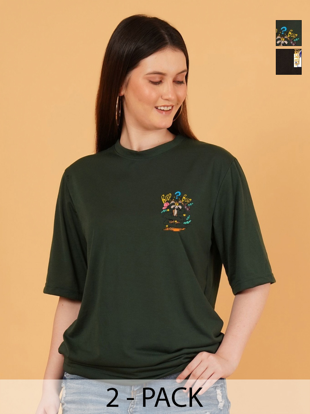 Kasendra Women Pack of 2 Road Runner Graphic Printed Round Neck T-shirts