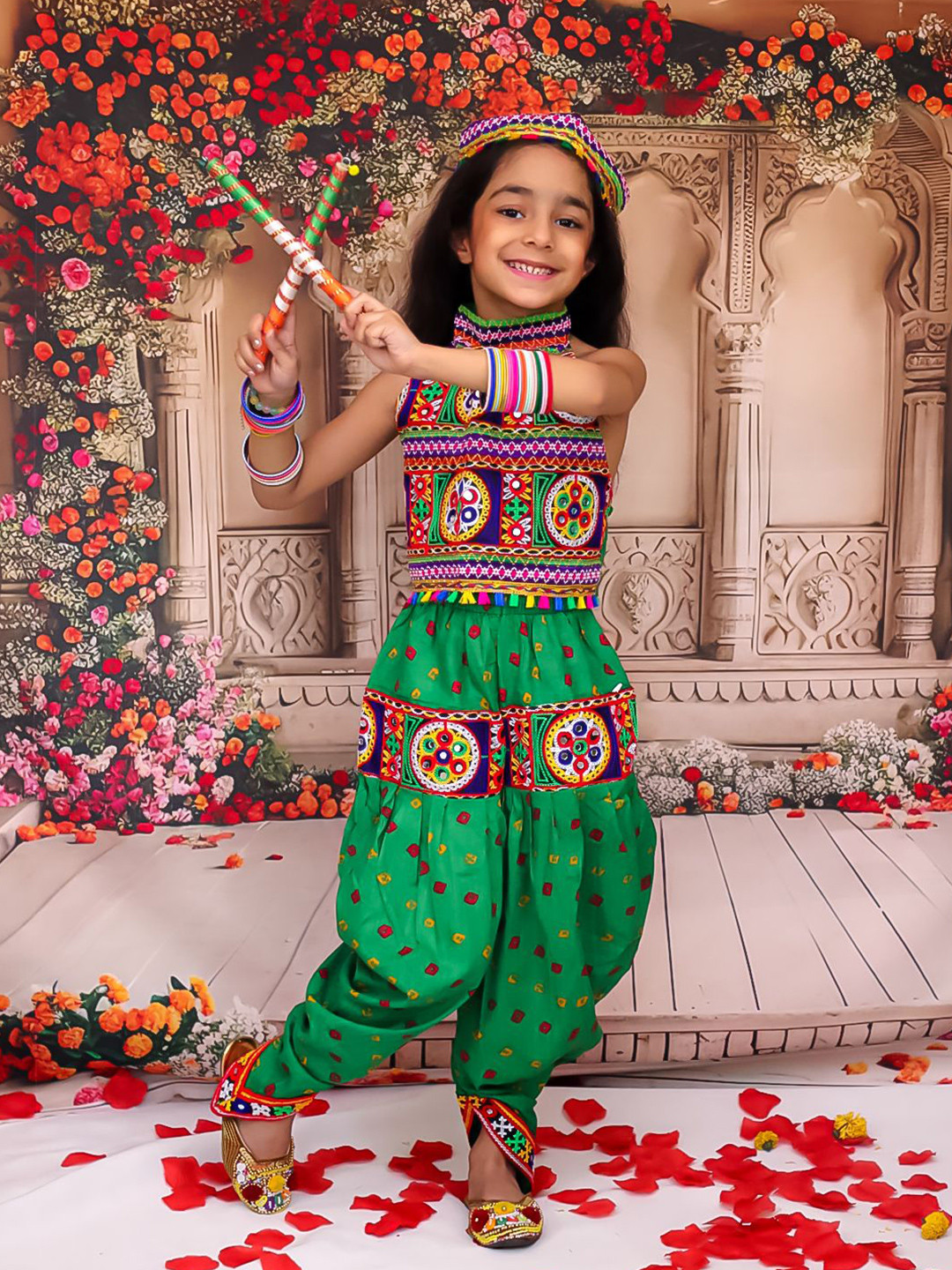 KID1 Girls Embroidered Dandia Nights Dhoti Set With Cap