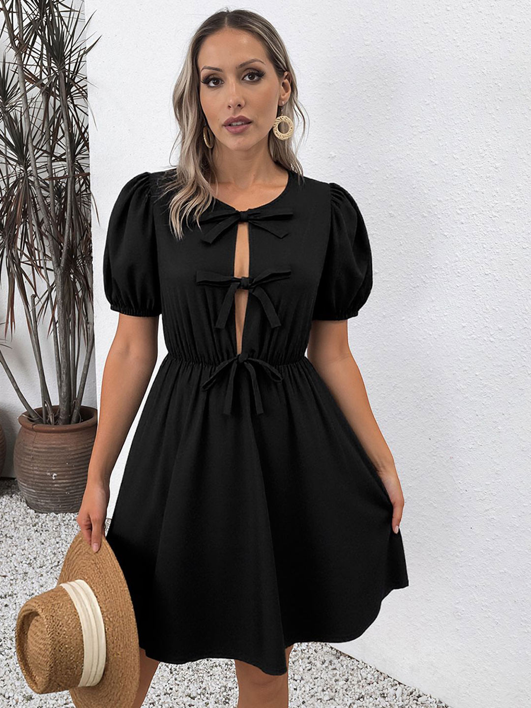 JC Mode Women Peter Pan Collar Puff Sleeve Fit & Flare Dress