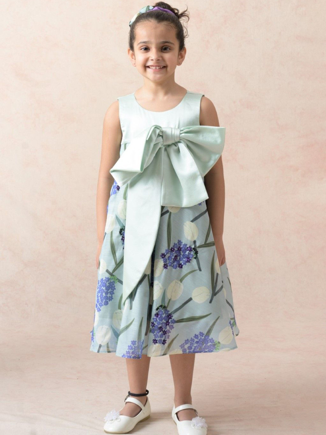 THETAA Girls Floral Printed & Hand Embroidered A-Line Dress With Bow