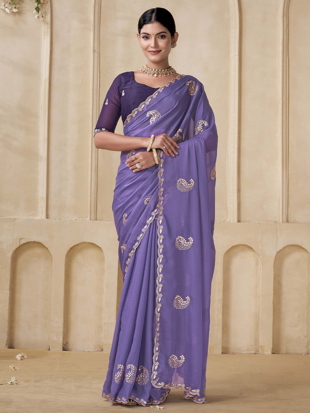 Zenophily Embellished Embroidered Pure Georgette Saree