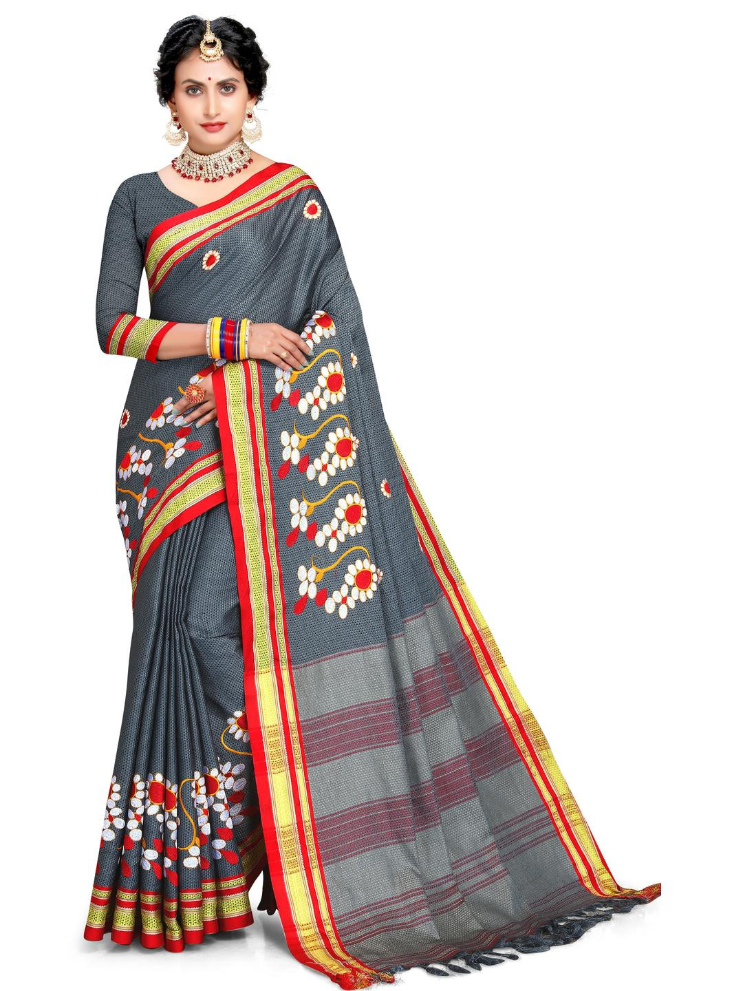 jayant creation Grey Silk Cotton Barasi Sarees