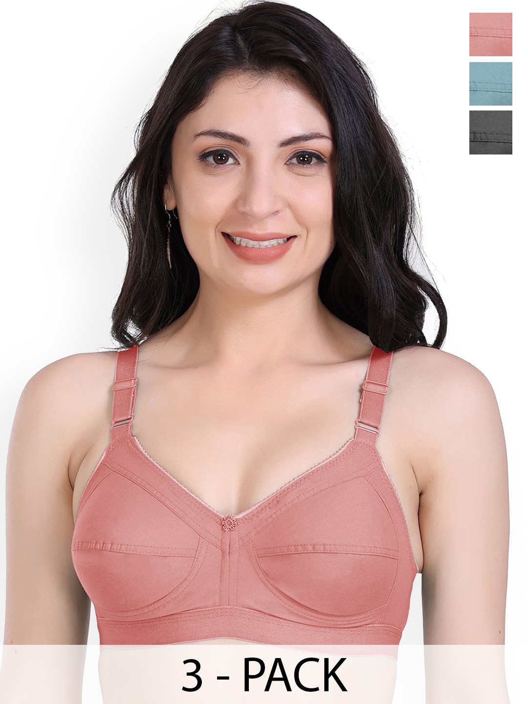 SHYAM SONS FLAIR Pack Of 3 Full Coverage Seamed Wireless Non Padded Minimizer Cotton Bras