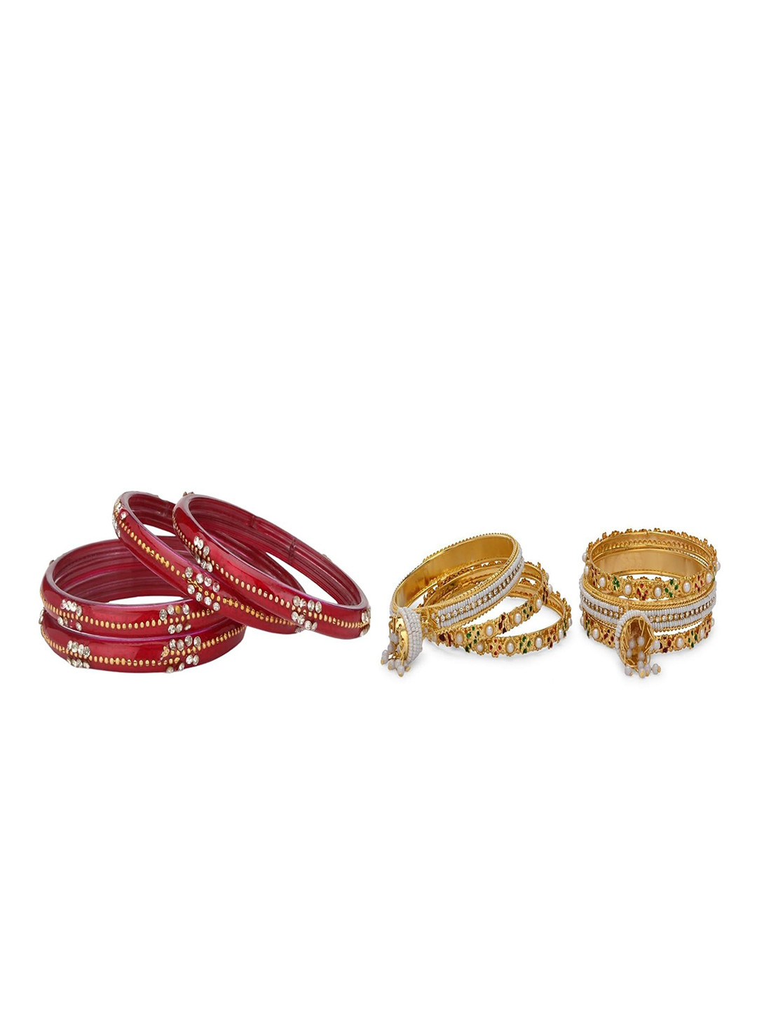 SOMIL Set Of 6 Red And Gold Glass Artificial Stones & Beads Bangles