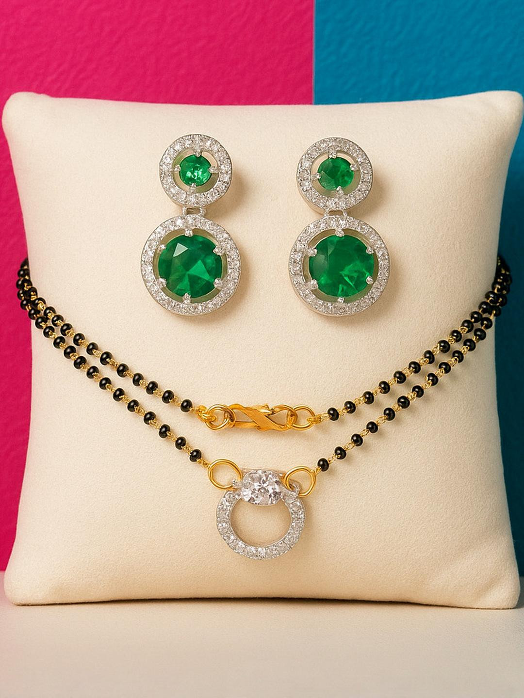 CHARMS Women Black & Silver-Plated Mangalsutra & Green Cubic Zirconia Earrings