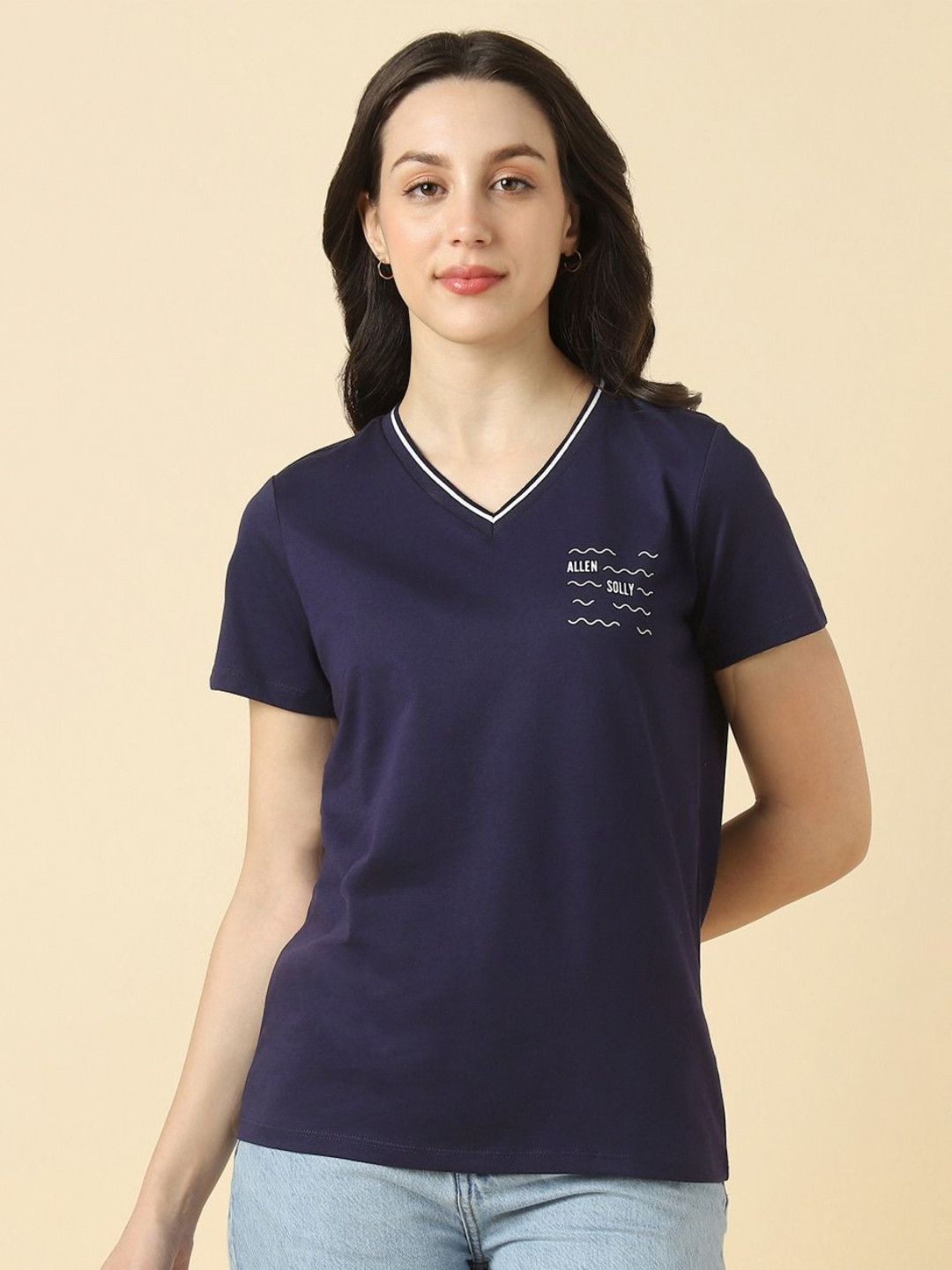 Allen Solly Woman Solid V-Neck Pure Cotton T-shirt