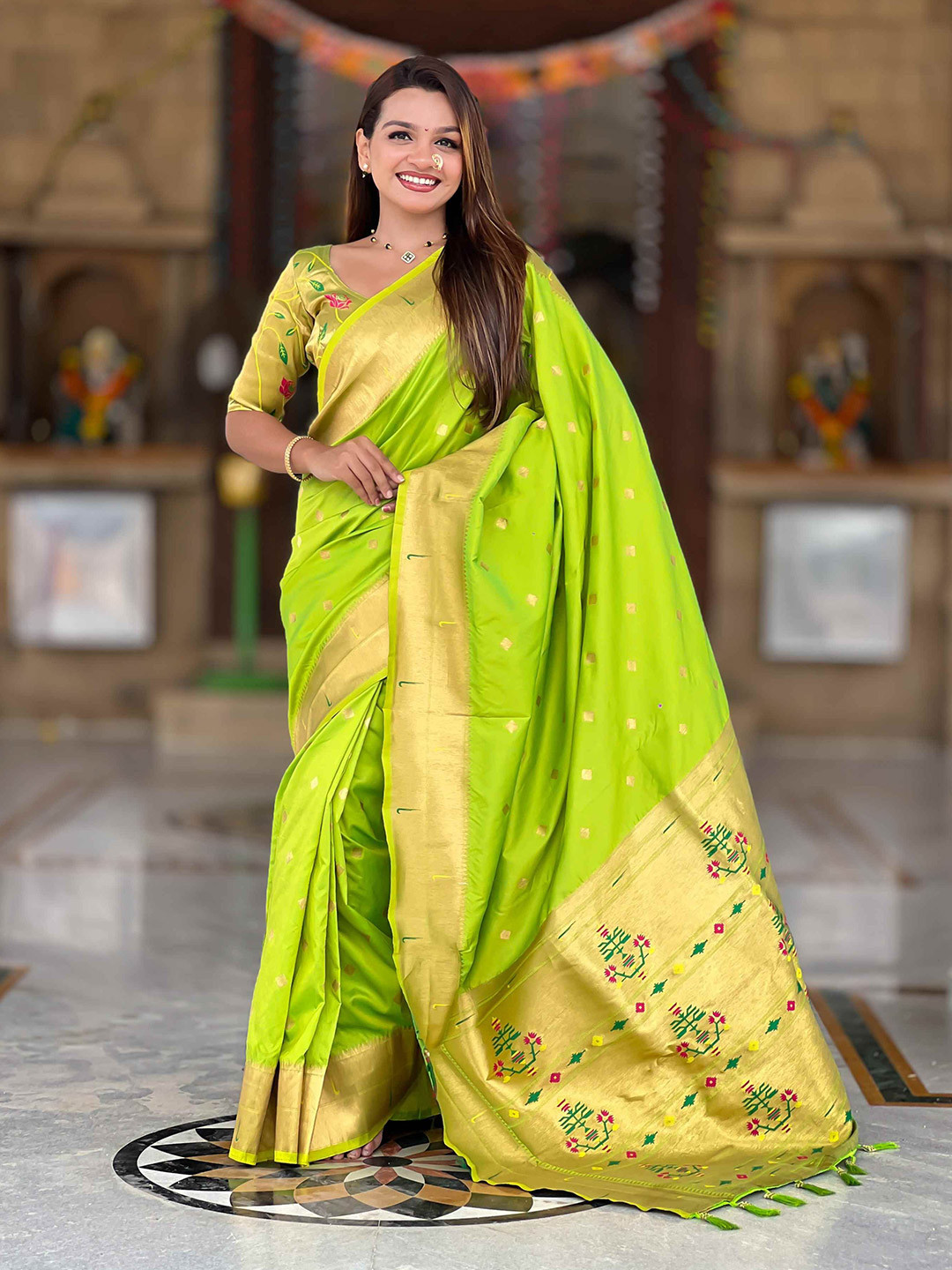 VARNI FABRICS Geometric Woven Design Zari Paithani Saree
