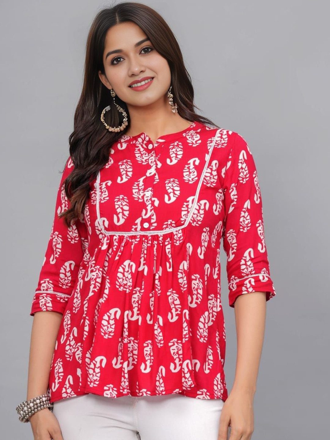 ARES VEILS Women Paisley Printed Mandairan Collar A-line Short Kurti