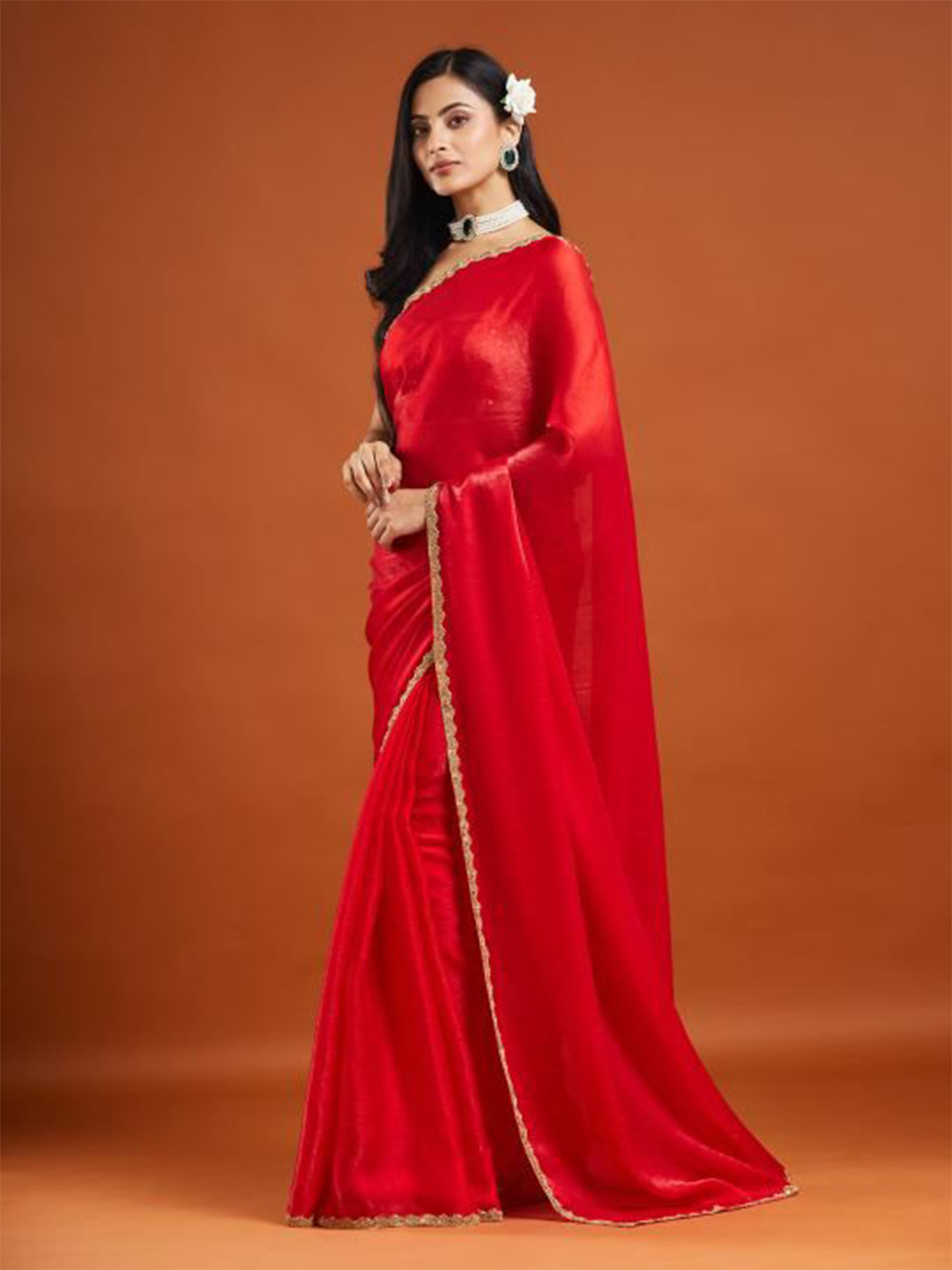 LOROFY Beads and Stones Embroidered Border Jute Silk Saree