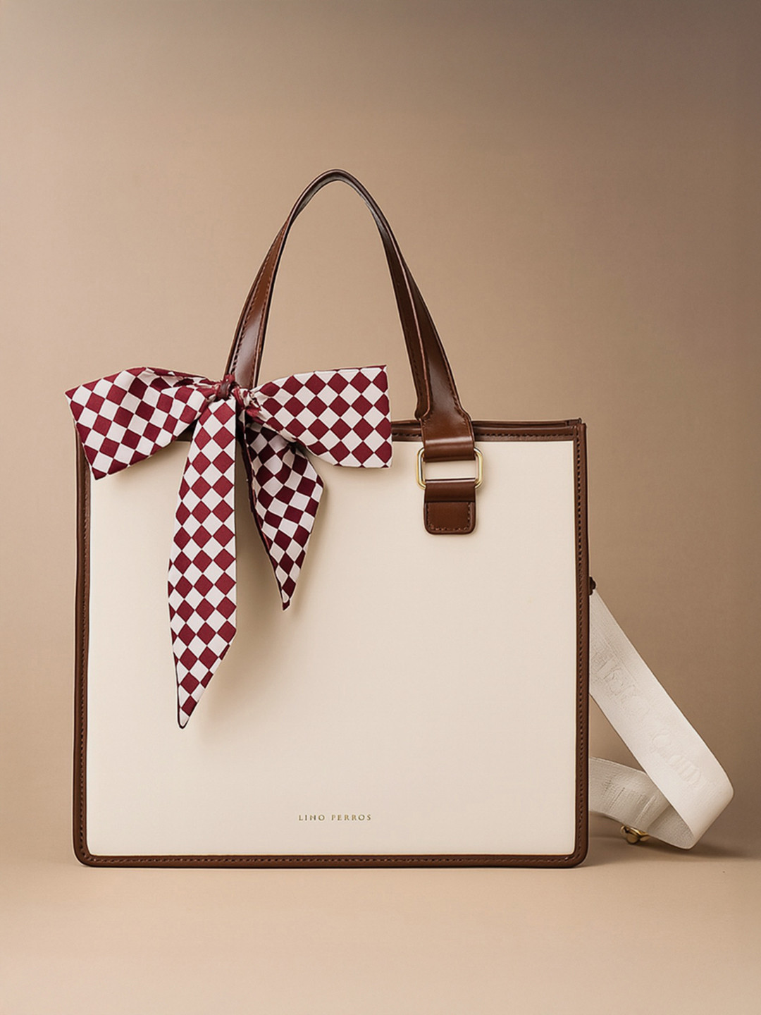 Lino Perros Checked Structured Tote Bag with Cut Work