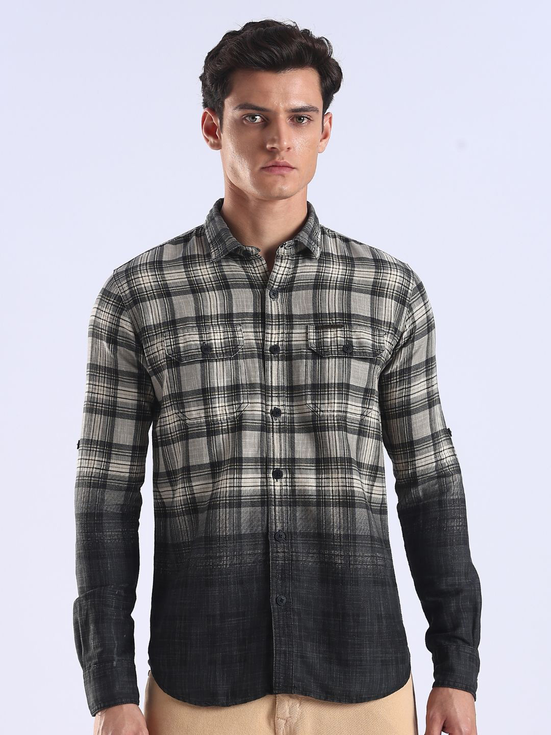 COOL COLORS Men Comfort Slim Fit Tartan Checked Spread Collar Cotton Casual Shirt