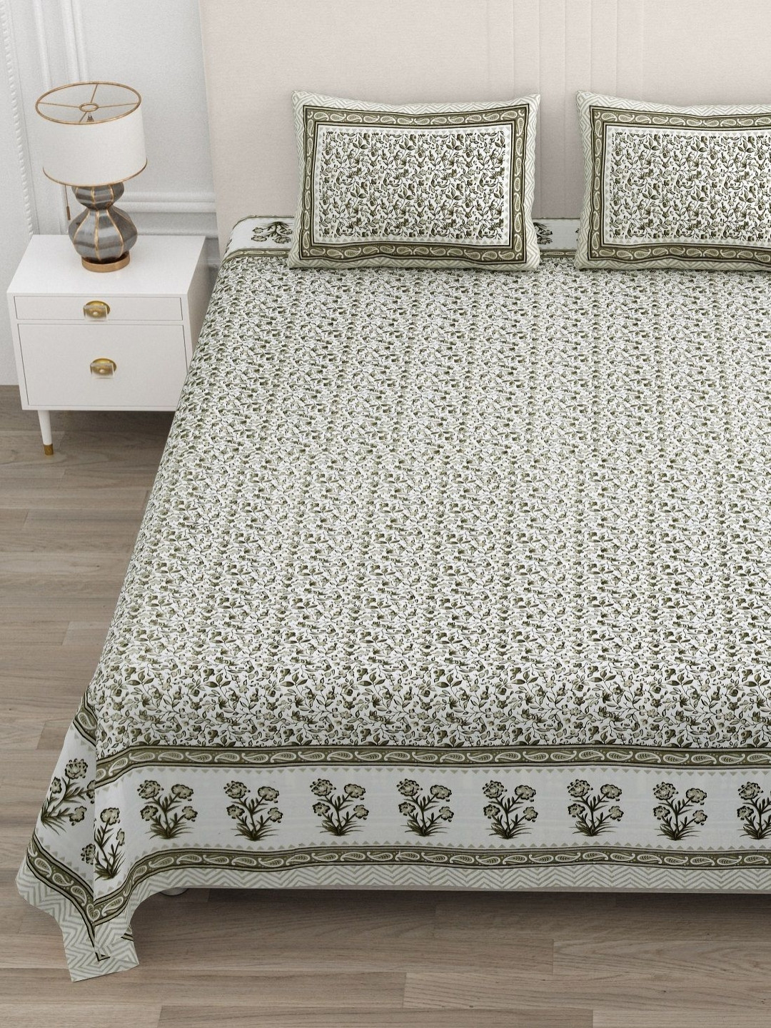 ATARAH Green & White Printed Pure Cotton 144 TC King Bedsheet Set 2.25 m x 2.75 m