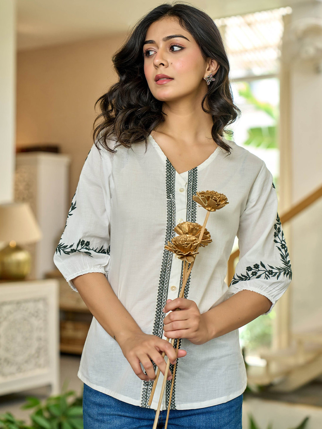 GHUMMAN SONAKSHI Women V-Neck Embroidered Puff Sleeve Cotton Top