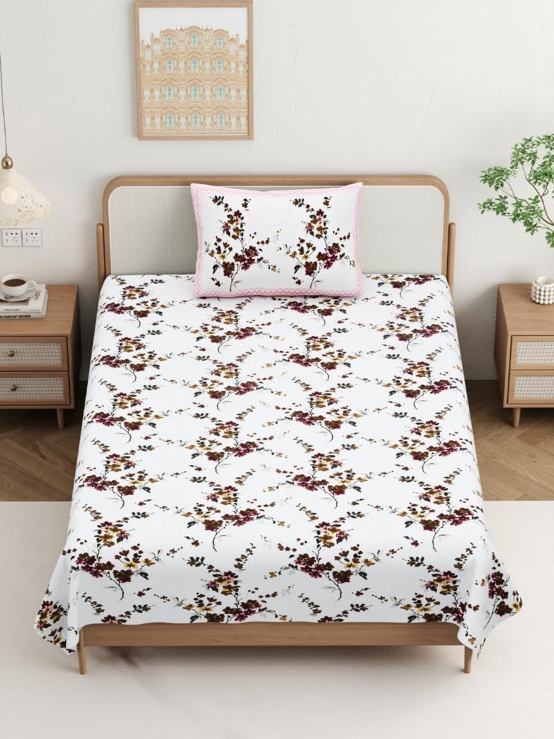 Jaipur Weaves Pink & White Printed 240TC Cotton Single Bedsheet Set 1.52 m x 2.28 m