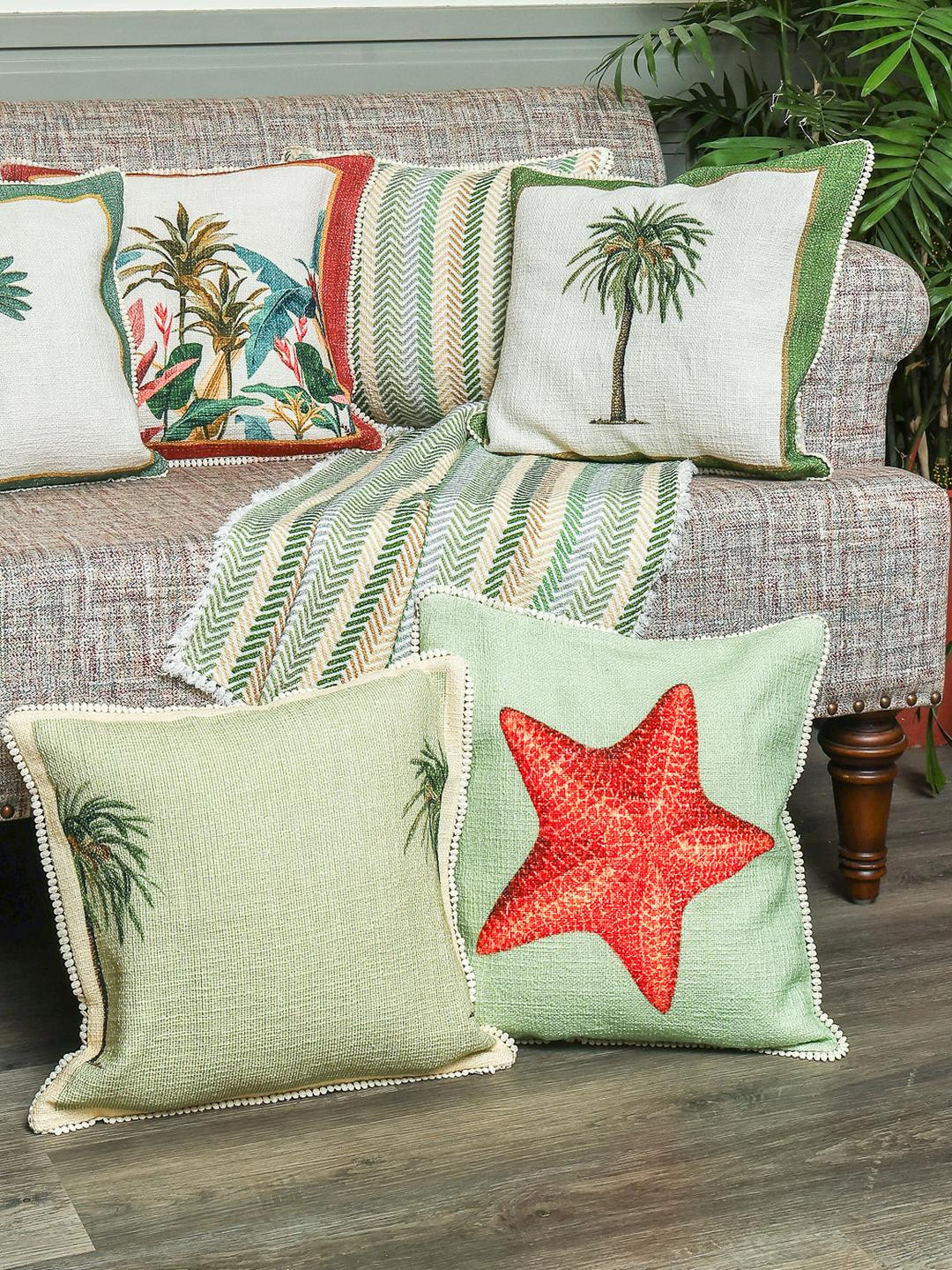 Crown of Poppies Multicoloured & Green Set of 7 Square Cushion Covers