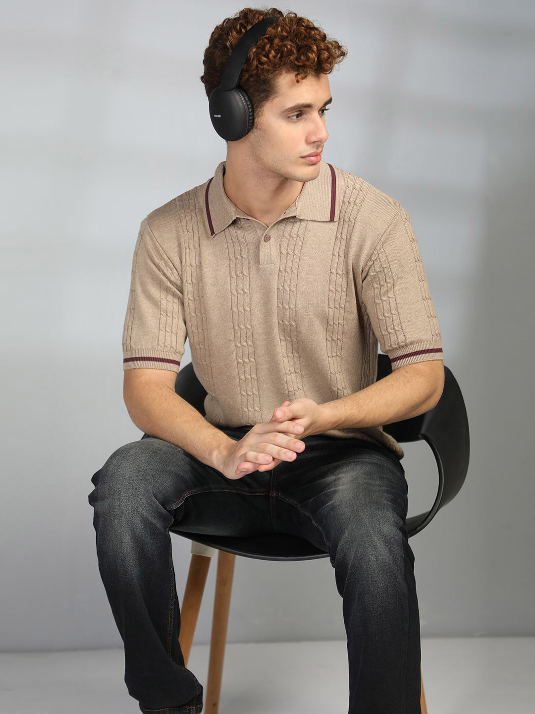 Roadster Self Design Polo Collar Cotton T-shirt