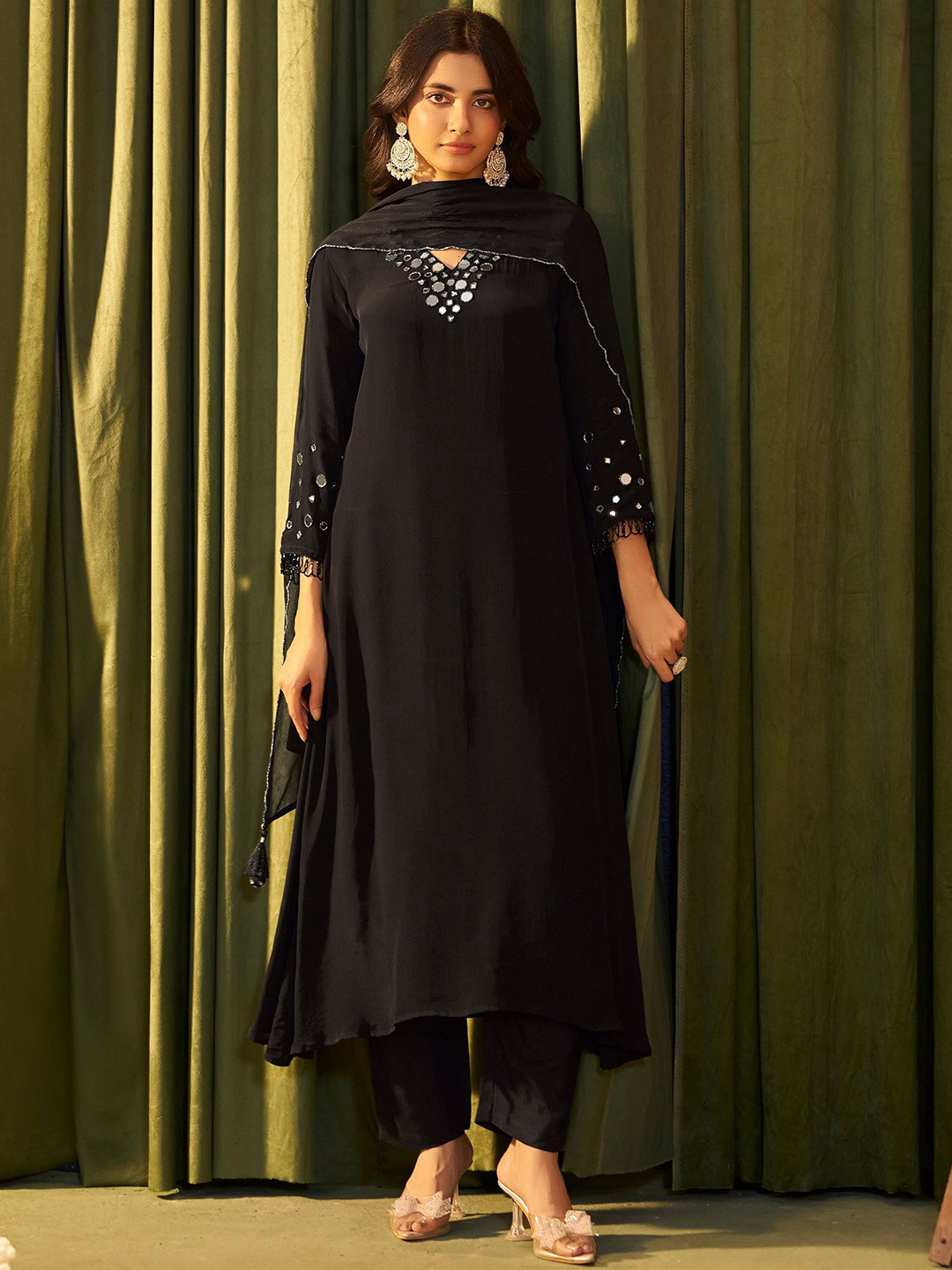 AUTUMN LANE Albeli Onyx Geometric Yoke Design A-Line Kurta And Trousers With Dupatta