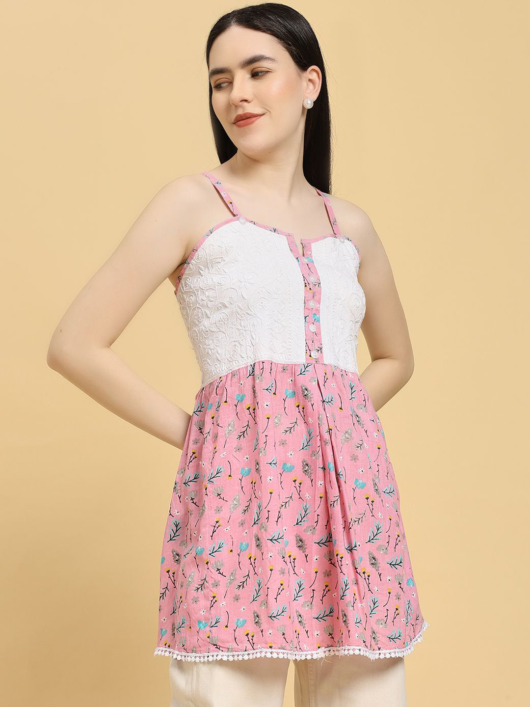 Fashionable Chikan Handikraft Women Ethnic Motifs Embroidered Cotton Peplum Top