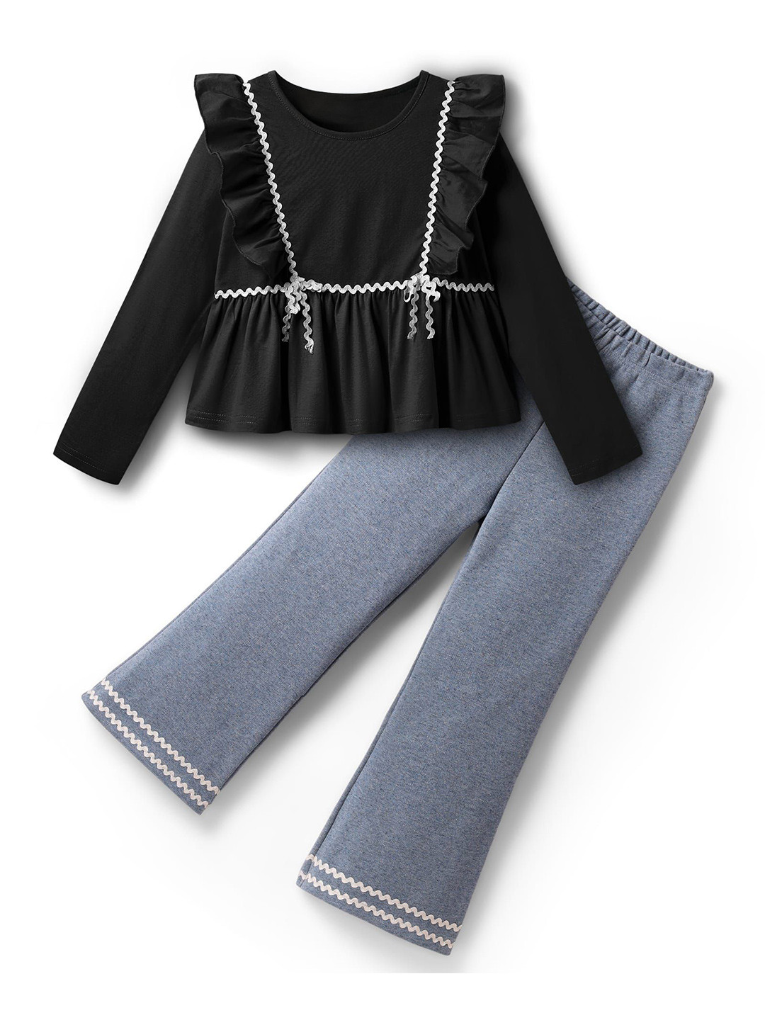 YK Girls Jersey Ruffle Pure Cotton Top With Denim Bell Bottom