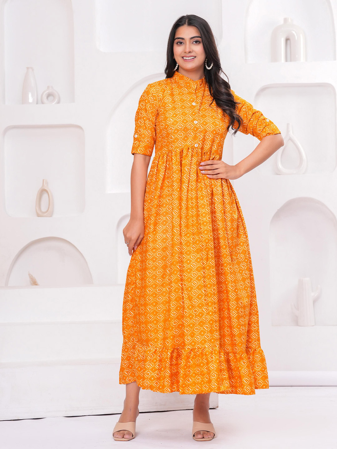 Machla Women Ethnic Motifs Printed Mandarin Collar Fit & Flare Maxi Dress