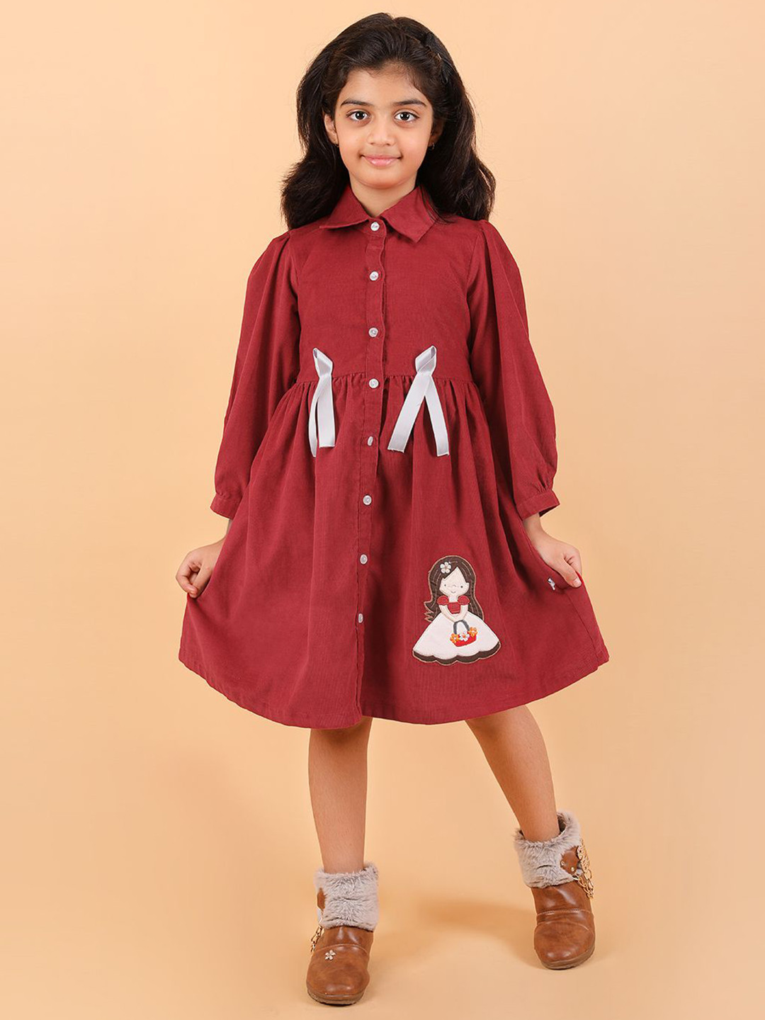 CALYX CLOTHING Girls Puff Sleeve Cotton Shirt Dress with Bow Details