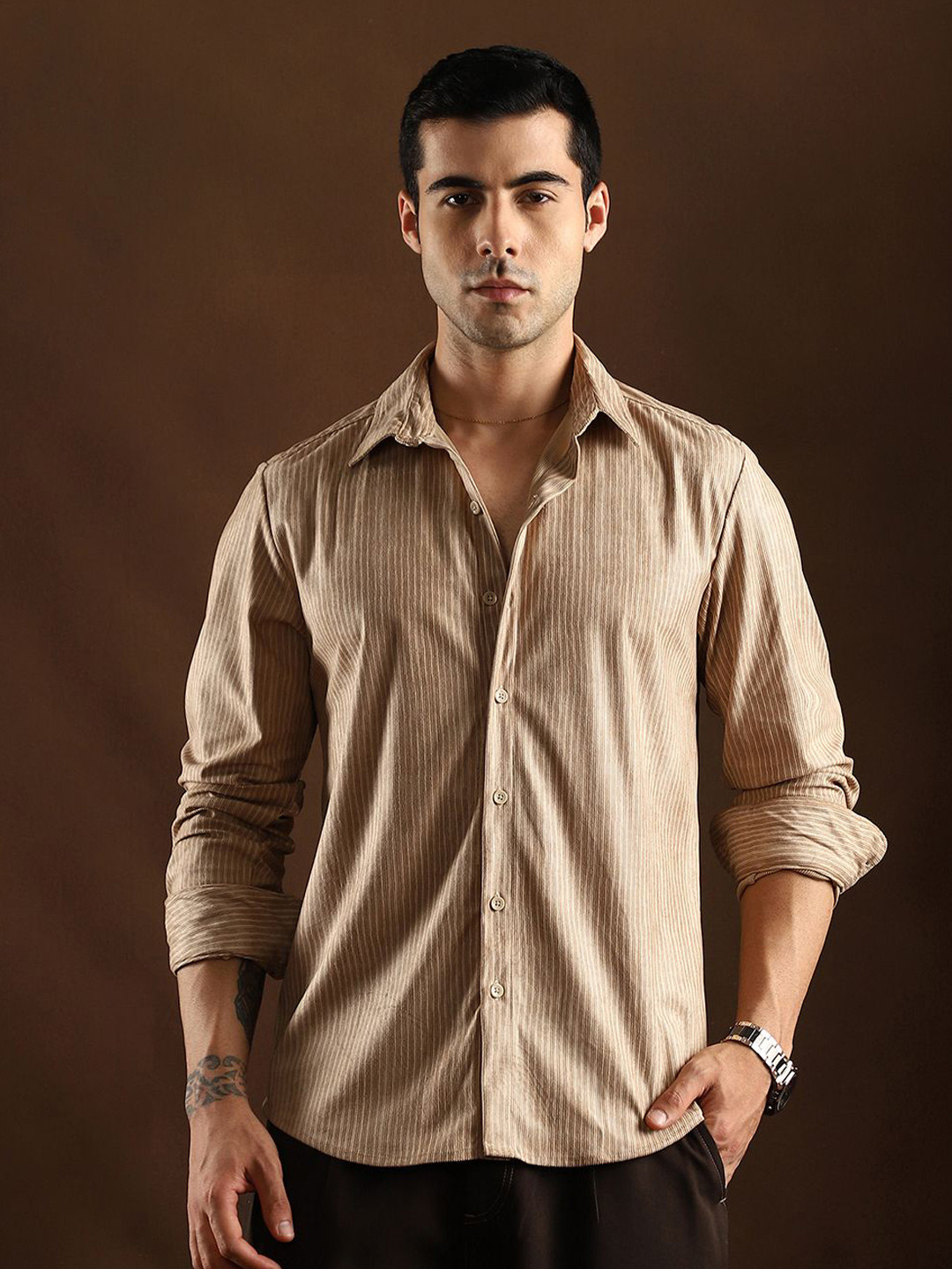 CAHOOT Men Comfort Fit Textured Spread Collar Cotton Casual Shirt