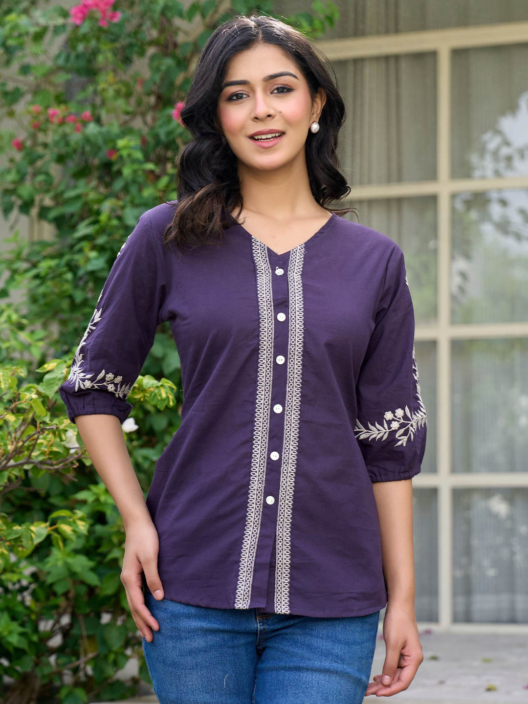 GHUMMAN SONAKSHI Ethnic Motifs Embroidered V-Neck Puff Sleeve Pure Cotton Shirt Style Top