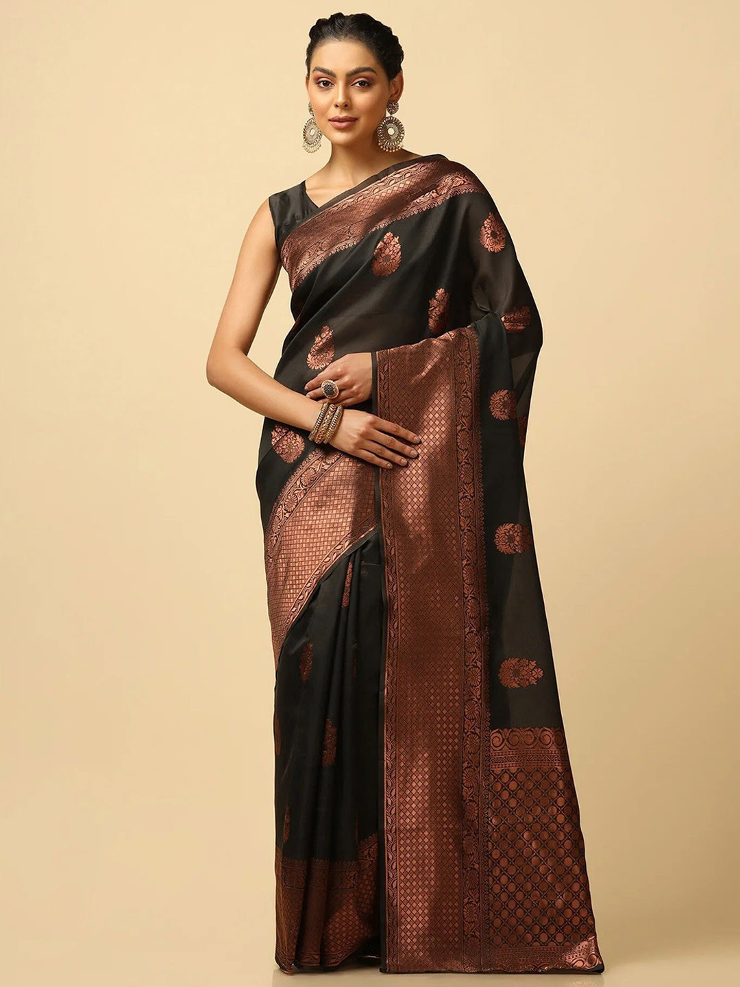Kevami Fashion Ethnic Motifs Woven Design Kanjivaram Silk Saree with Blouse Piece