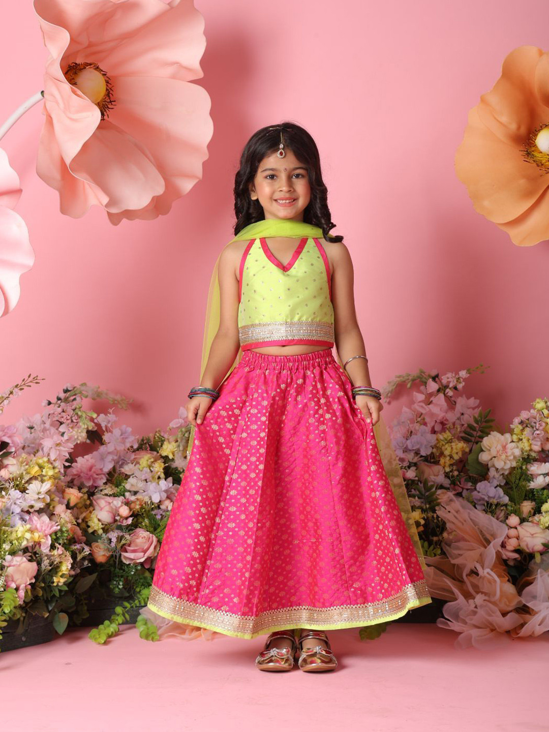 SAKA DESIGNS Girls Printed Sequinned Lehenga & Blouse With Dupatta