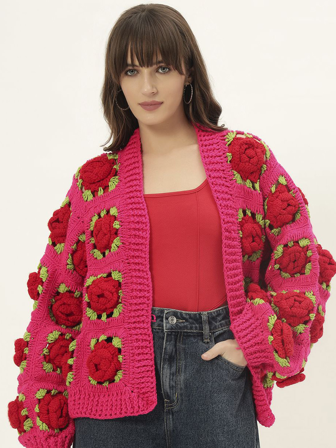 Sugercandy Floral Self Design Wool Long Sleeves Cardigan