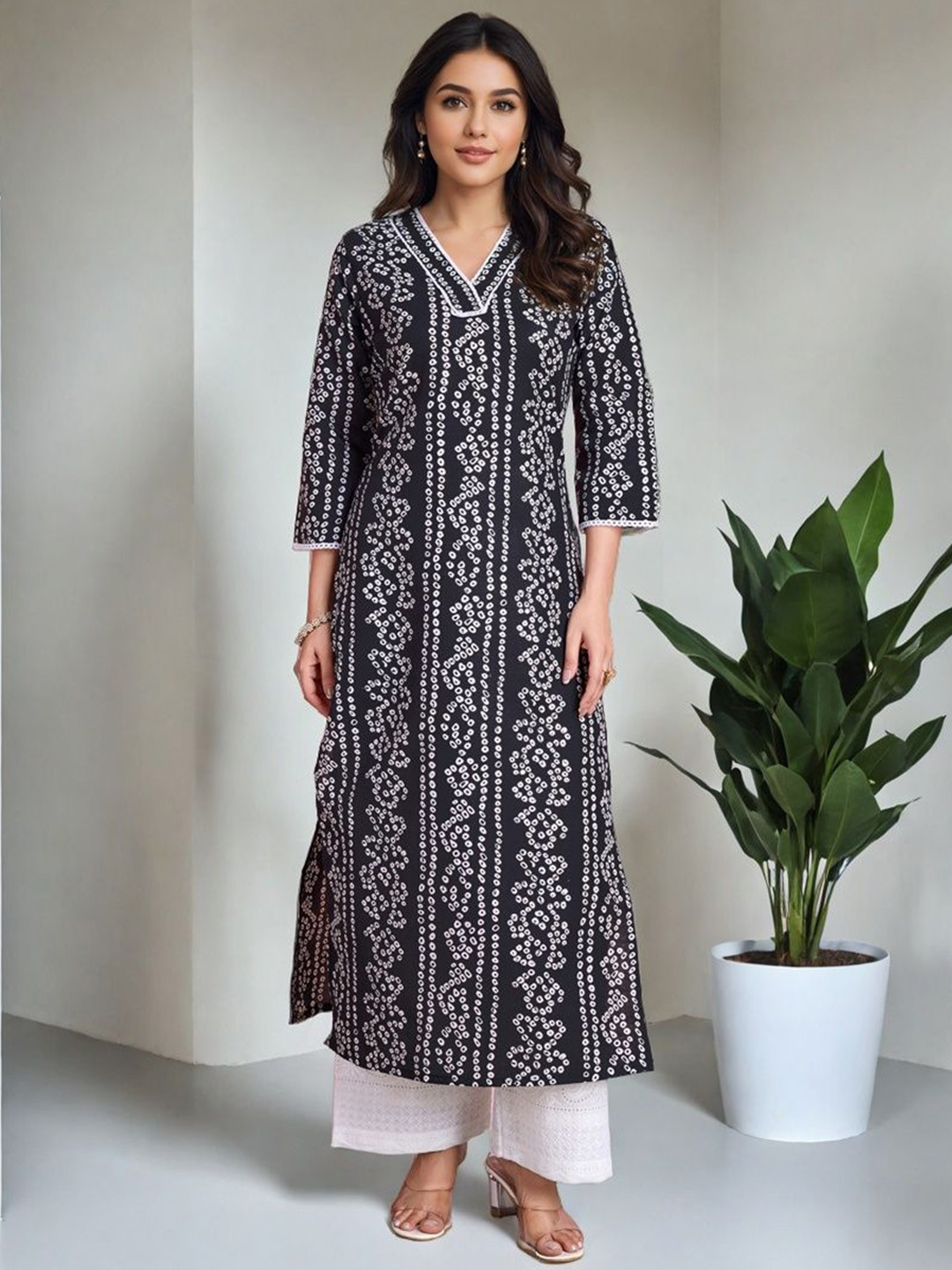SZN Bandhani Printed Linen V-Neck Straight Kurta
