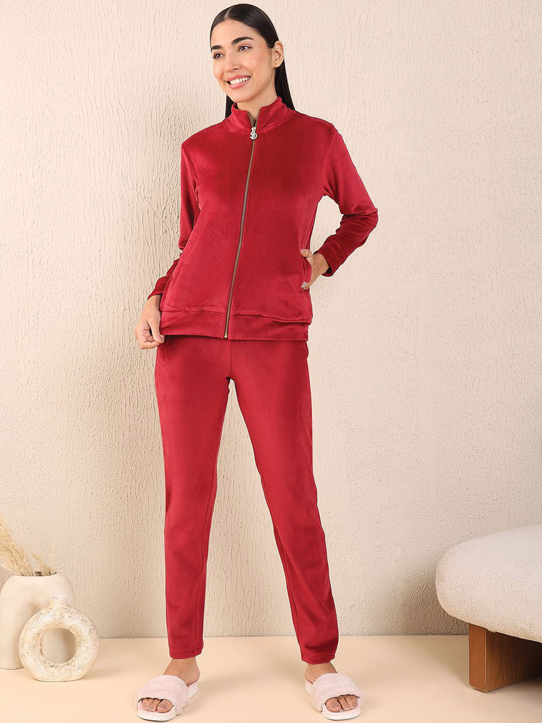 Sweet Dreams Women Mock Collar Front Open Zipper Night Suit