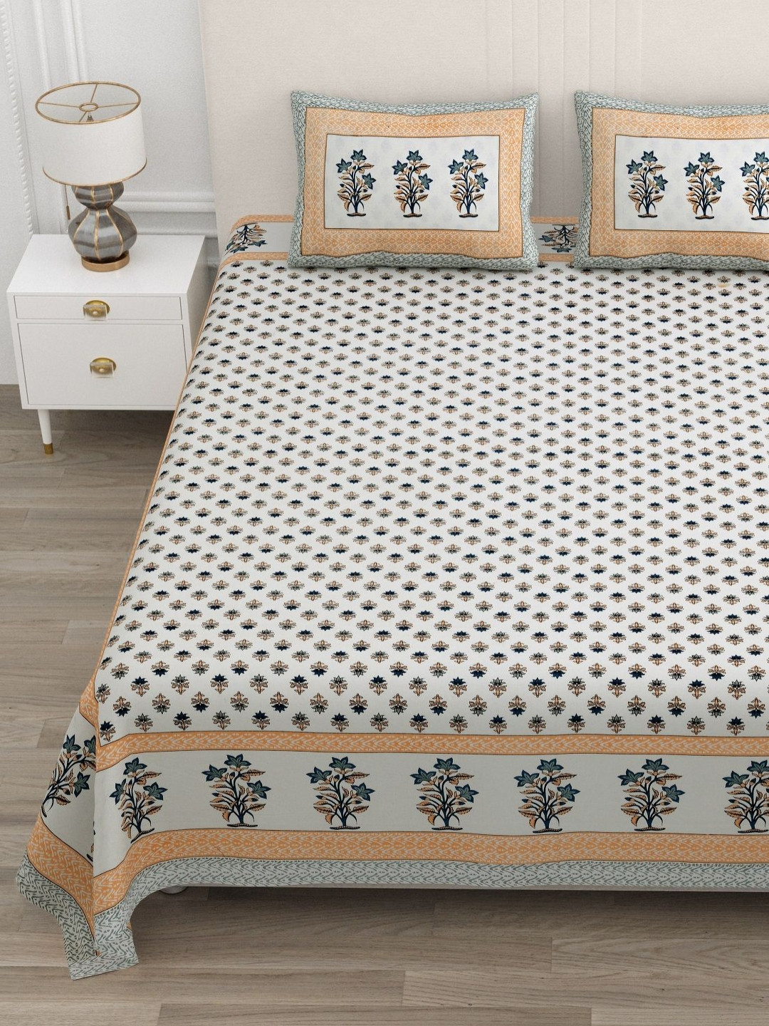 ATARAH White Printed Pure Cotton Flat 144TC Double King Bedsheet Set 2.25 m x  2.75 m