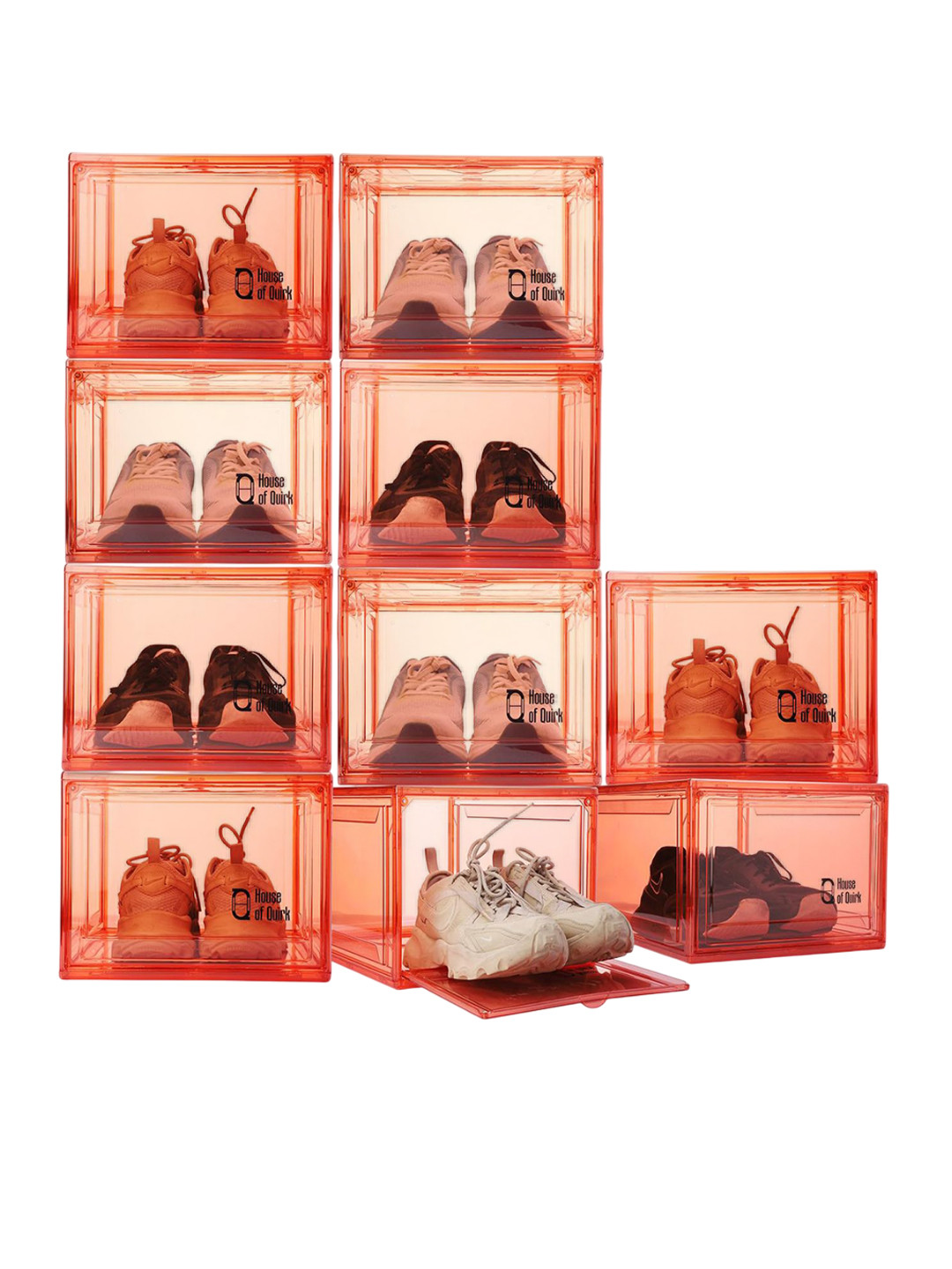 HOUSE OF QUIRK Pink 10 Pieces Clear Stackable Shoe Storage Boxes with Magnetic Door
