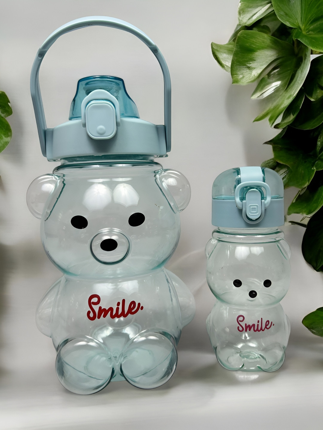 Virtuous Blue 2 Pieces Cartoon Animal Water Bottles With Straw & Straps - 300ml & 1000 ml