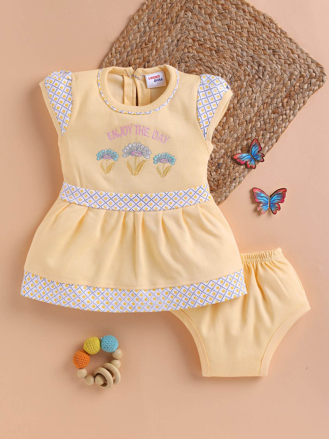 LACKii DOLL Girls Floral Embroidered Cap Sleeves Cotton Fit & Flare Dress with Panty